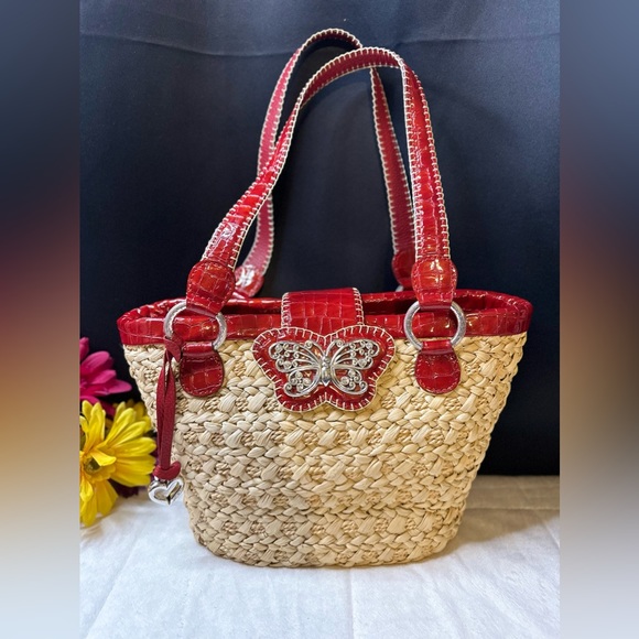 Rare Brighton Straw & Red Leather Trim Shoulder Bag w/Butterfly Magnetic Closure - Picture 1 of 16